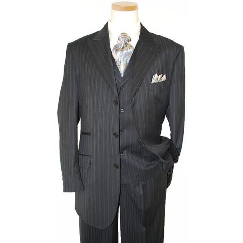 Bertolini Black With Sky Blue / Cream  Pinstripes Super 140's Merino Wool & Silk Suit 68802